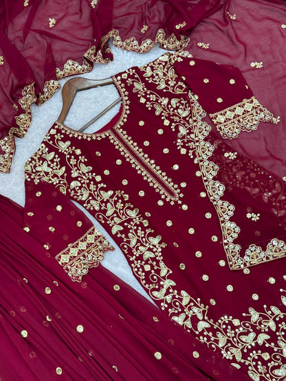 Maroon Premium Embroidered Sequin Faux Georgette Palazzo Set with Dupatta
