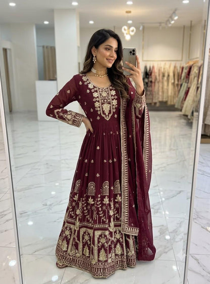Wine Faux Georgette Embroidered Gown Pant Dupatta Set