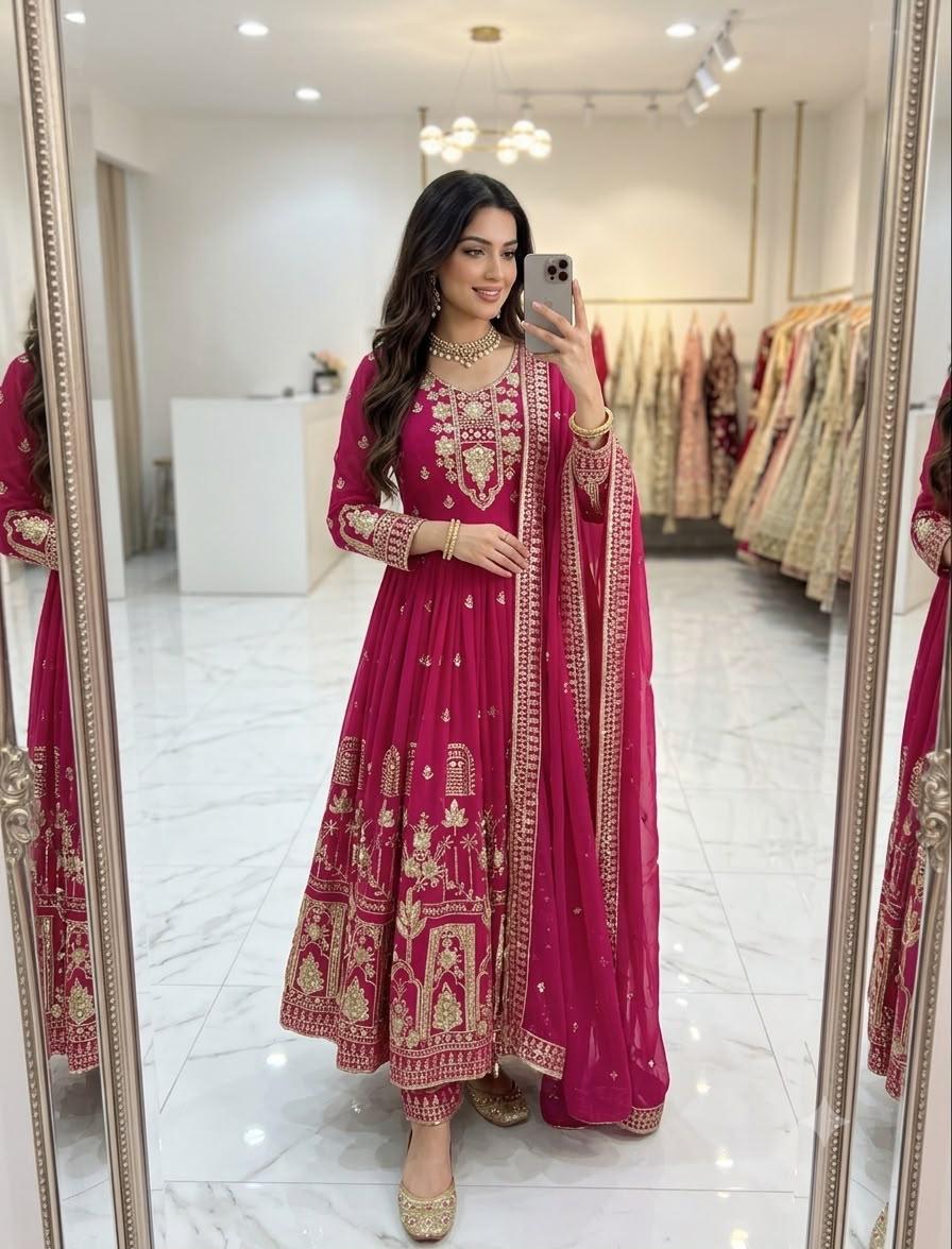 Rani Pink Faux Georgette Embroidered Gown Pant Dupatta Set