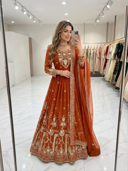 Cosmic Orange Faux Georgette Embroidered Gown Pant Dupatta Set