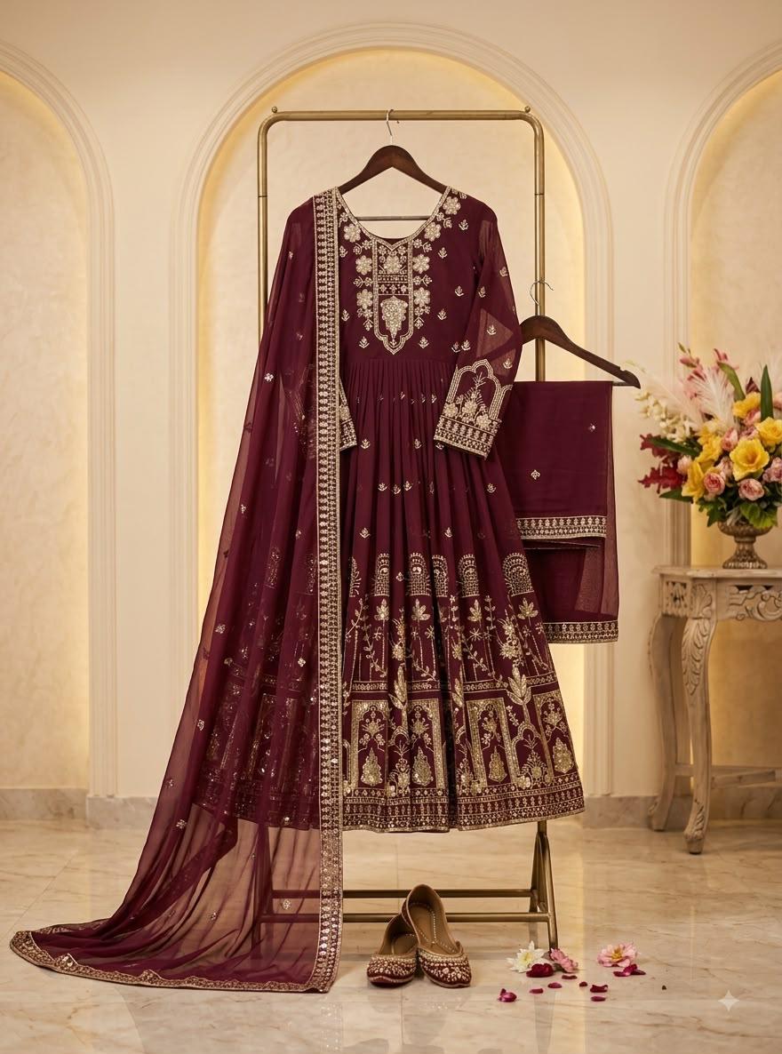 Wine Faux Georgette Embroidered Gown Pant Dupatta Set