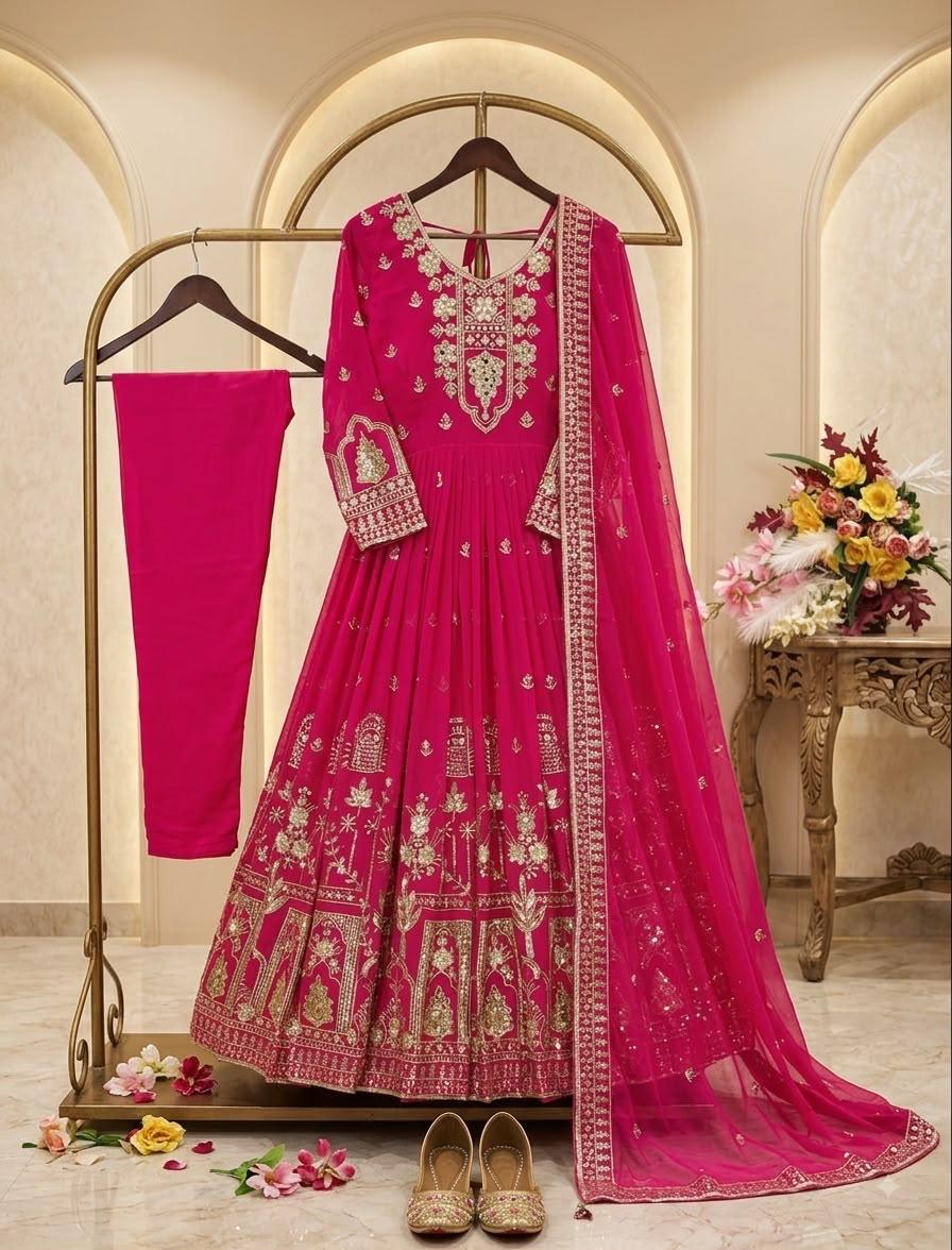 Rani Pink Faux Georgette Embroidered Gown Pant Dupatta Set