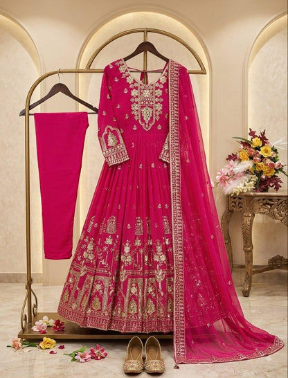 Rani Pink Faux Georgette Embroidered Gown Pant Dupatta Set