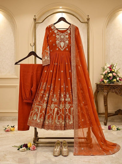 Cosmic Orange Faux Georgette Embroidered Gown Pant Dupatta Set