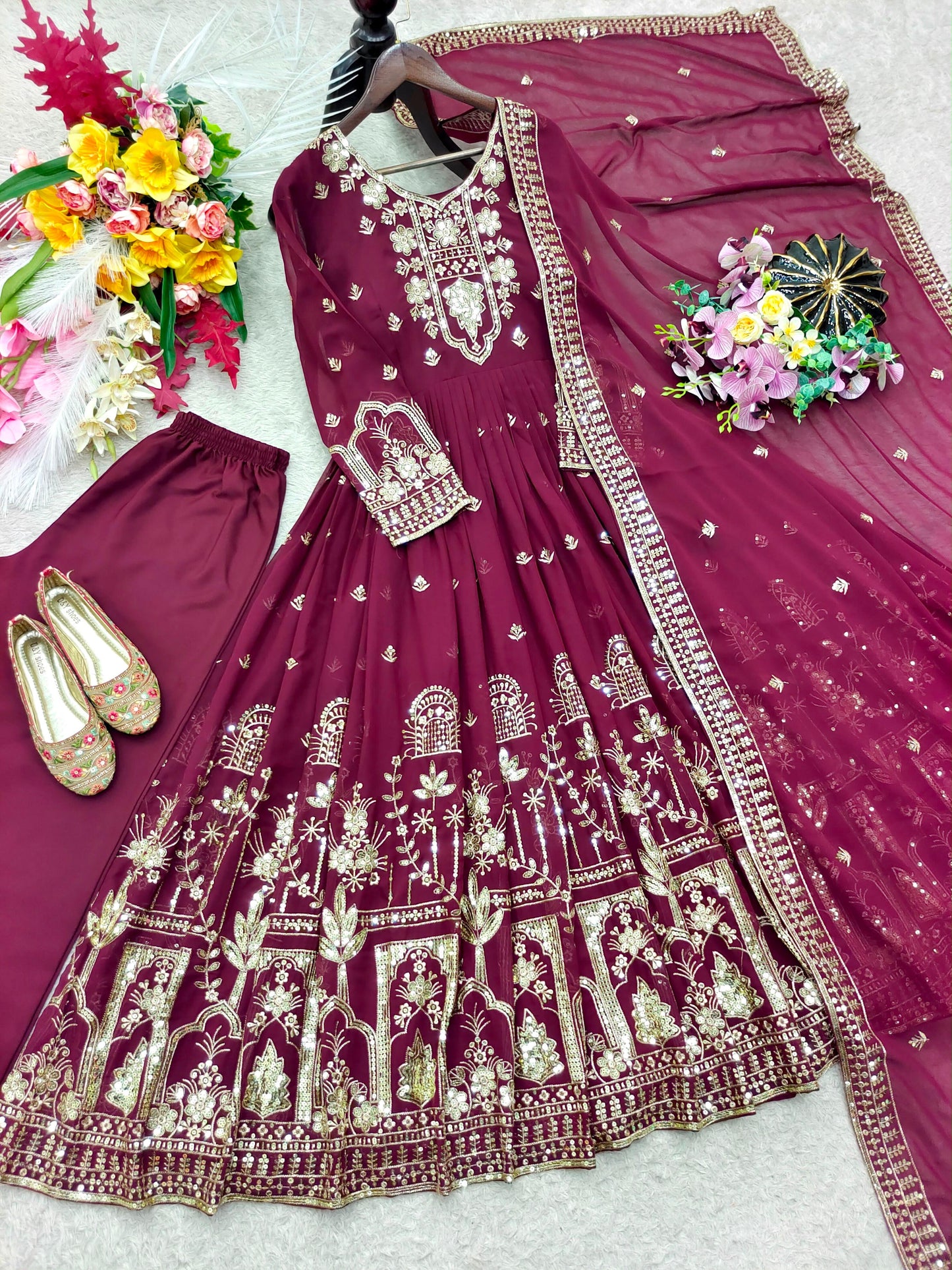 Wine Faux Georgette Embroidered Gown Pant Dupatta Set