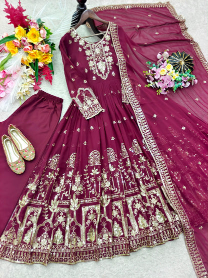 Wine Faux Georgette Embroidered Gown Pant Dupatta Set