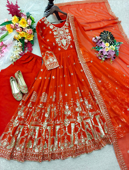 Cosmic Orange Faux Georgette Embroidered Gown Pant Dupatta Set