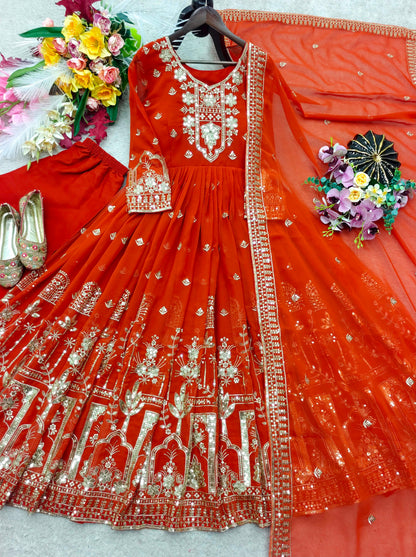 Cosmic Orange Faux Georgette Embroidered Gown Pant Dupatta Set