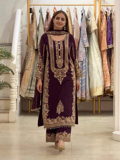 Wine Heavy Faux Georgette Embroidered Sequin Top Palazzo Dupatta Set