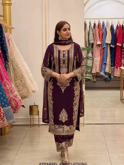 Wine Heavy Faux Georgette Embroidered Sequin Top Palazzo Dupatta Set
