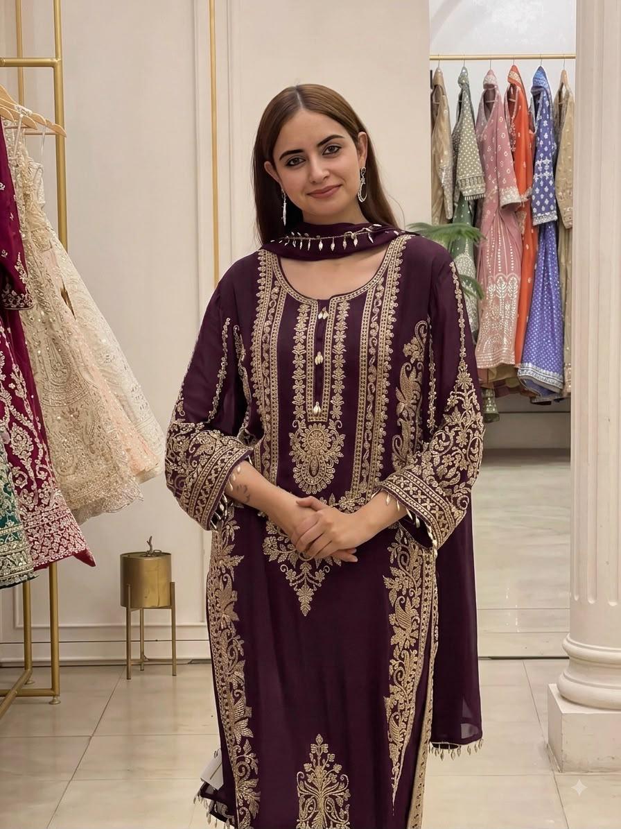 Wine Heavy Faux Georgette Embroidered Sequin Top Palazzo Dupatta Set