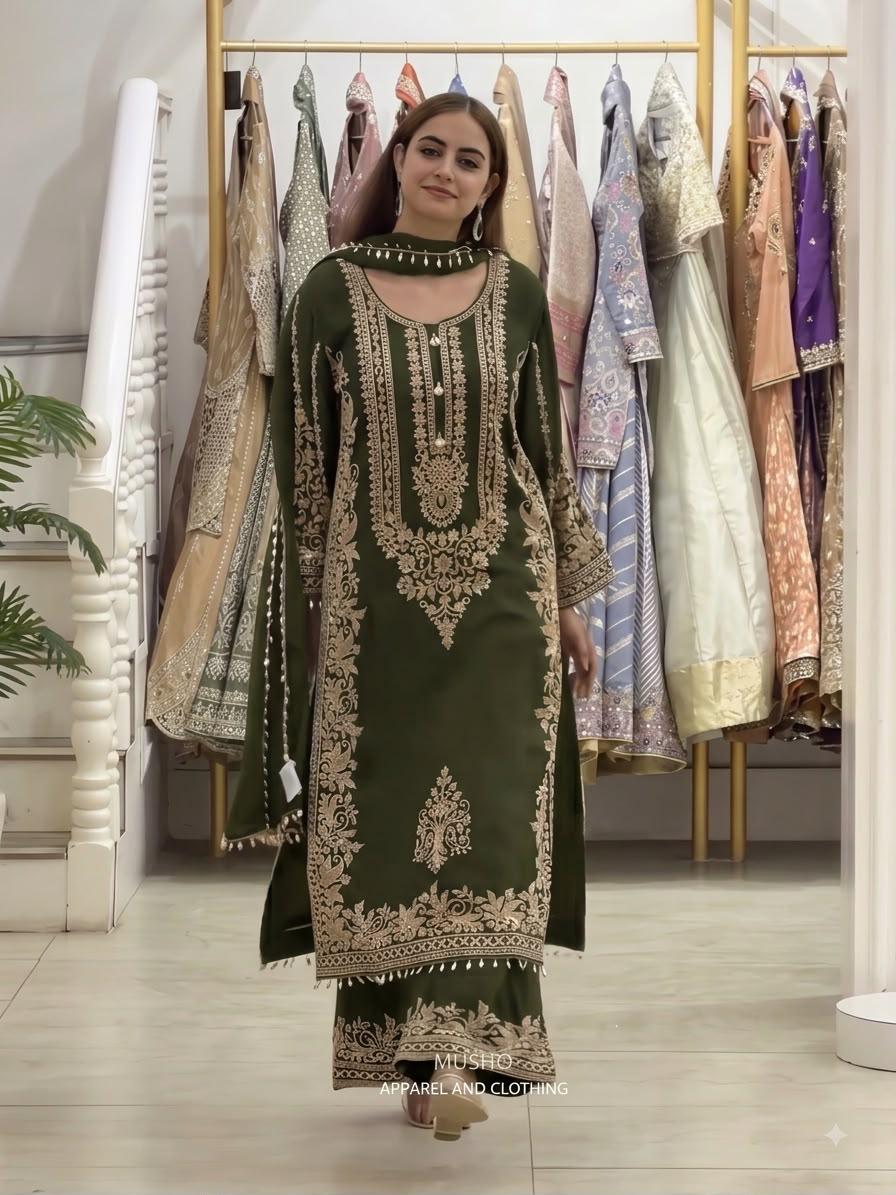 Olive Heavy Faux Georgette Embroidered Sequin Top Palazzo Dupatta Set