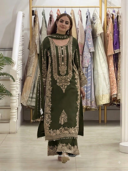 Olive Heavy Faux Georgette Embroidered Sequin Top Palazzo Dupatta Set