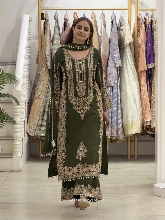 Olive Heavy Faux Georgette Embroidered Sequin Top Palazzo Dupatta Set