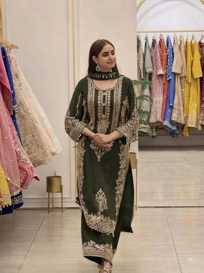 Olive Heavy Faux Georgette Embroidered Sequin Top Palazzo Dupatta Set