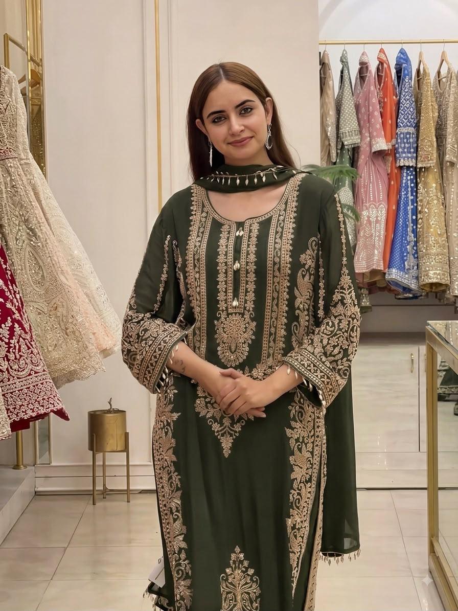 Olive Heavy Faux Georgette Embroidered Sequin Top Palazzo Dupatta Set