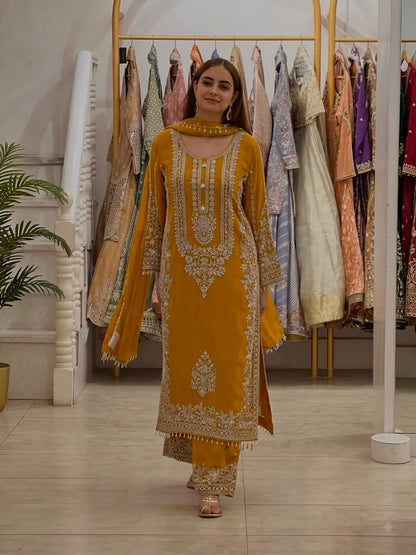 Mustard Yellow Heavy Faux Georgette Embroidered Sequin Top Palazzo Dupatta Set