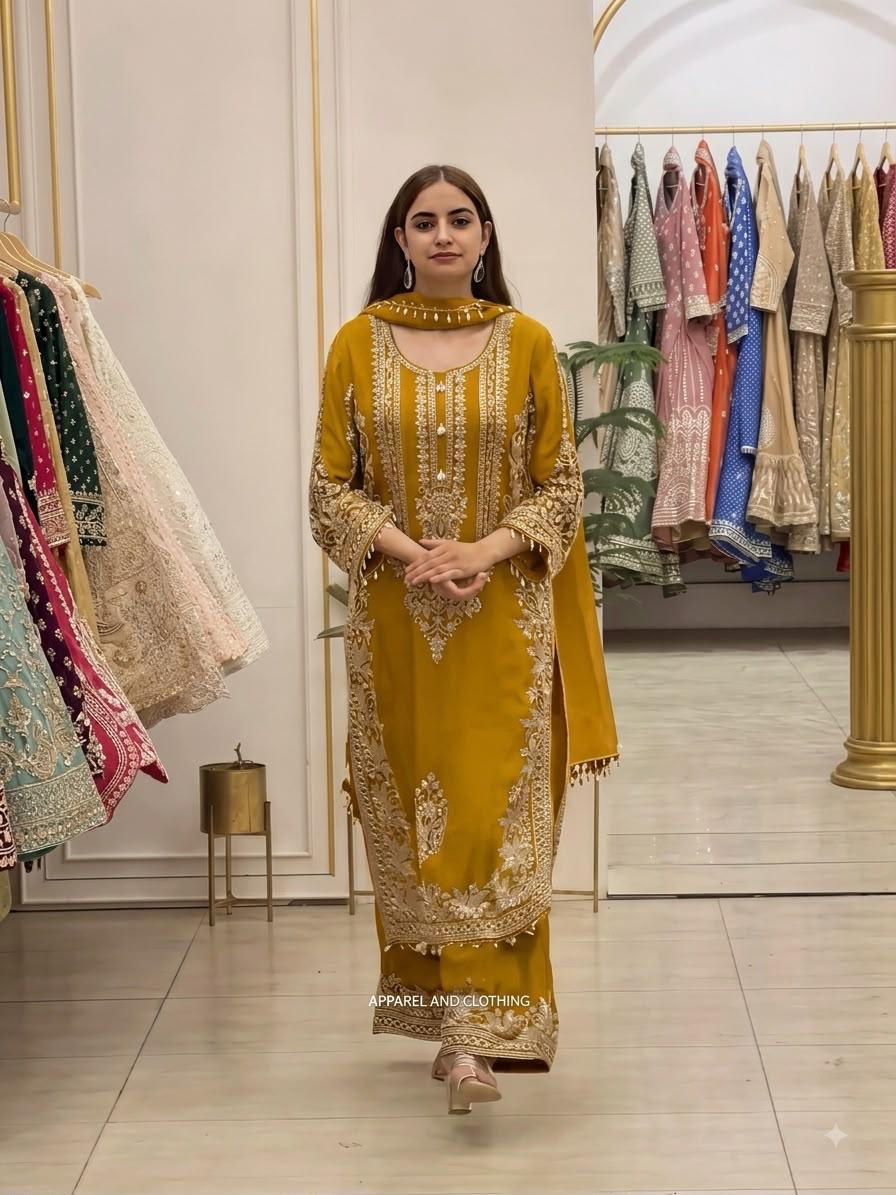 Mustard Yellow Heavy Faux Georgette Embroidered Sequin Top Palazzo Dupatta Set