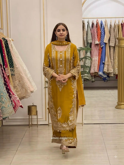 Mustard Yellow Heavy Faux Georgette Embroidered Sequin Top Palazzo Dupatta Set