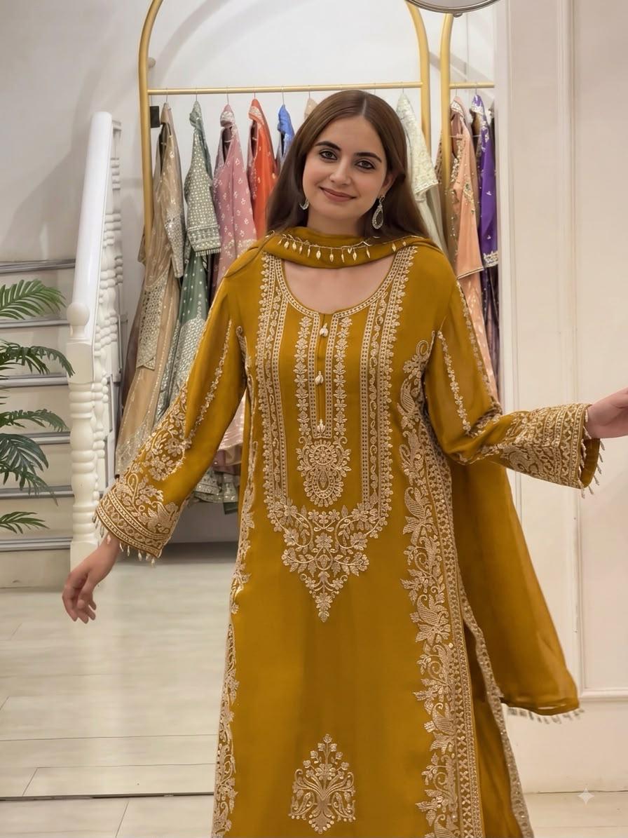 Mustard Yellow Heavy Faux Georgette Embroidered Sequin Top Palazzo Dupatta Set