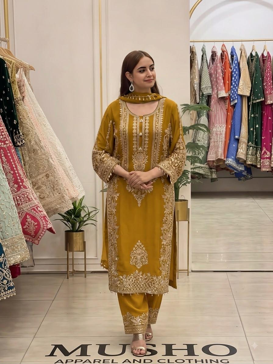 Mustard Yellow Heavy Faux Georgette Embroidered Sequin Top Palazzo Dupatta Set