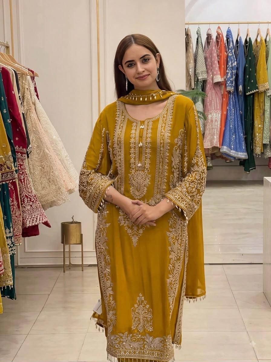 Mustard Yellow Heavy Faux Georgette Embroidered Sequin Top Palazzo Dupatta Set