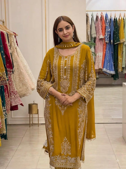 Mustard Yellow Heavy Faux Georgette Embroidered Sequin Top Palazzo Dupatta Set