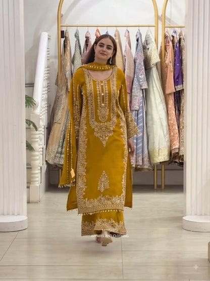 Mustard Yellow Heavy Faux Georgette Embroidered Sequin Top Palazzo Dupatta Set