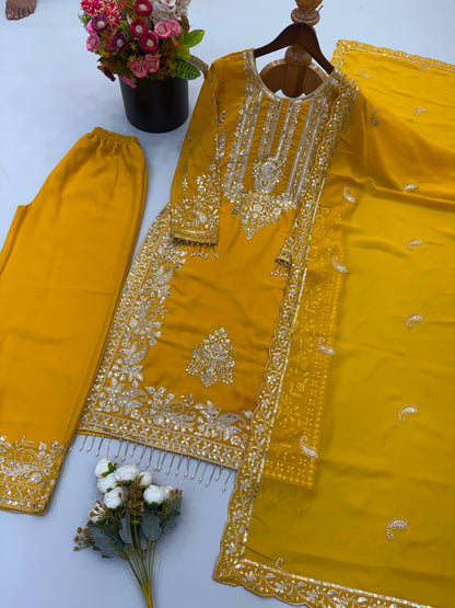 Mustard Yellow Heavy Faux Georgette Embroidered Sequin Top Palazzo Dupatta Set