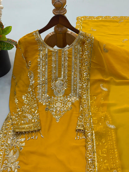 Mustard Yellow Heavy Faux Georgette Embroidered Sequin Top Palazzo Dupatta Set