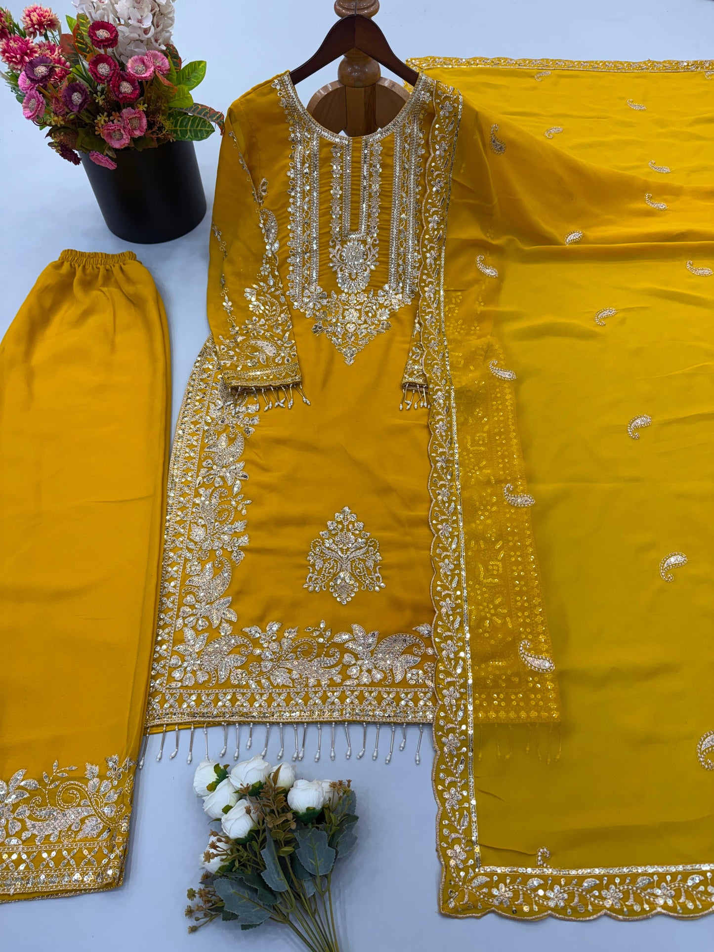 Mustard Yellow Heavy Faux Georgette Embroidered Sequin Top Palazzo Dupatta Set
