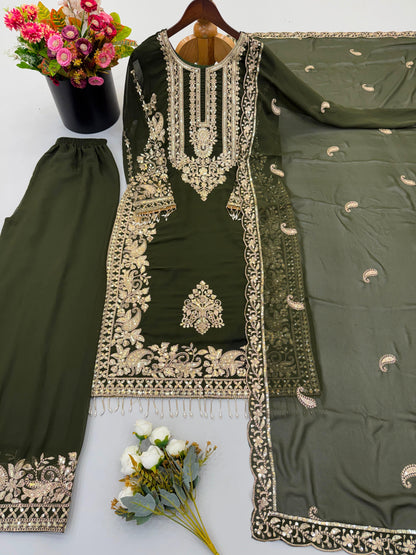 Olive Heavy Faux Georgette Embroidered Sequin Top Palazzo Dupatta Set