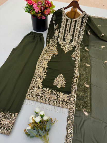 Olive Heavy Faux Georgette Embroidered Sequin Top Palazzo Dupatta Set