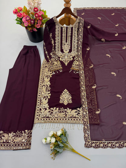 Wine Heavy Faux Georgette Embroidered Sequin Top Palazzo Dupatta Set