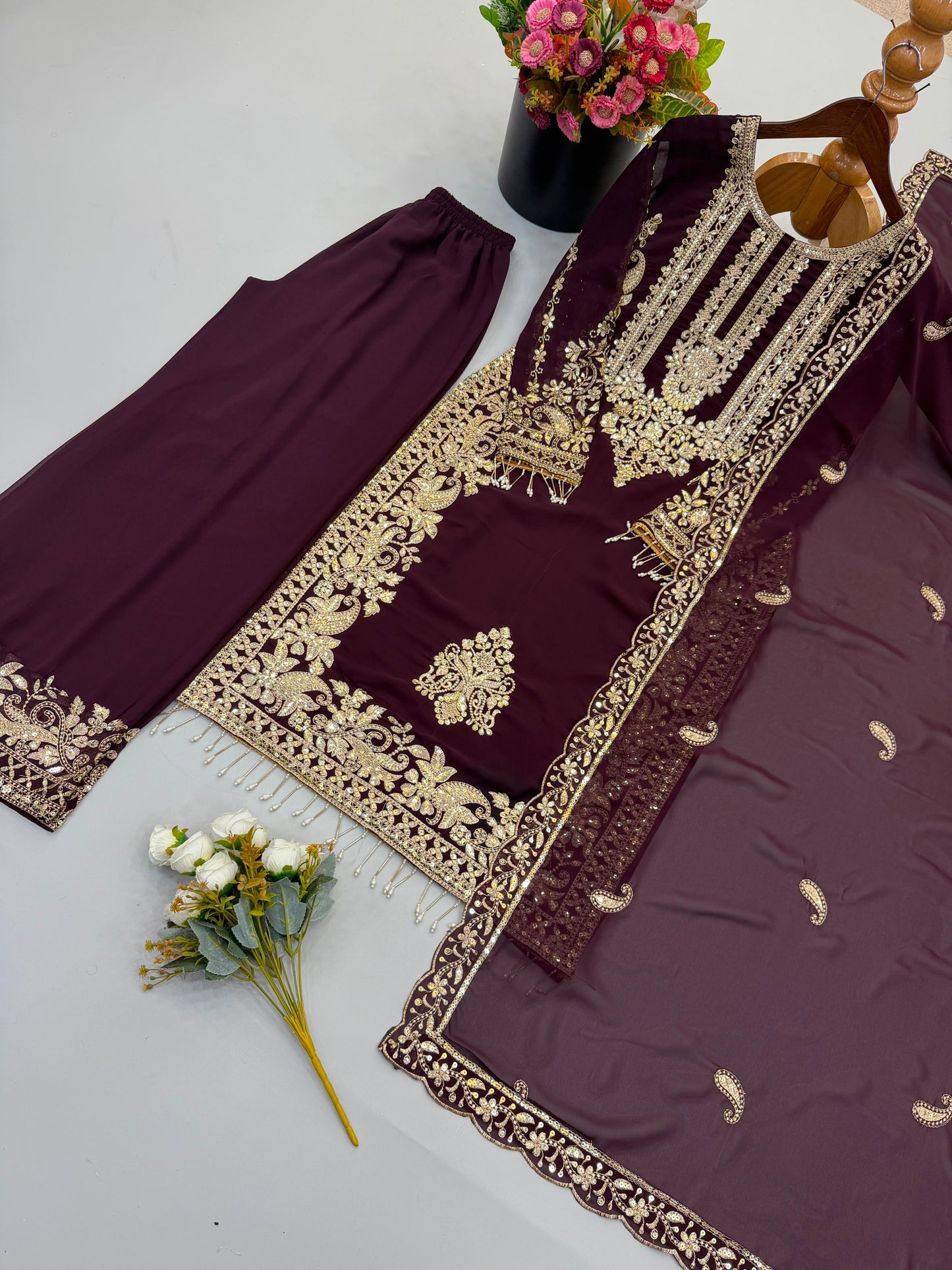 Wine Heavy Faux Georgette Embroidered Sequin Top Palazzo Dupatta Set