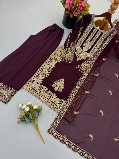 Wine Heavy Faux Georgette Embroidered Sequin Top Palazzo Dupatta Set