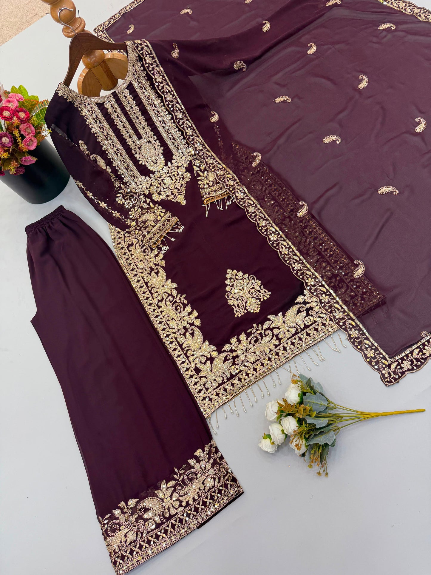 Wine Heavy Faux Georgette Embroidered Sequin Top Palazzo Dupatta Set