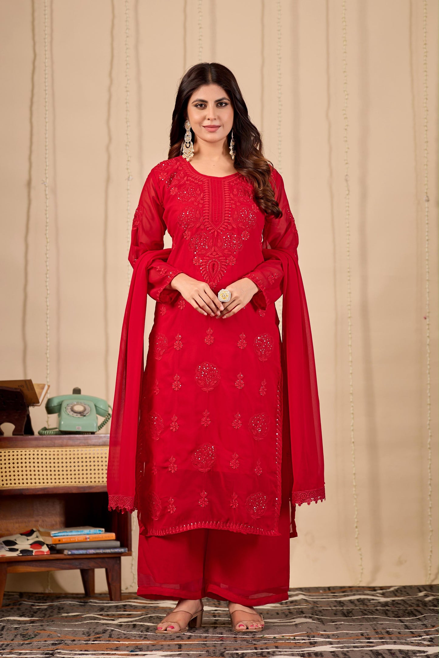 Red Blooming Georgette Embroidered Kurta Palazzo Dupatta Set
