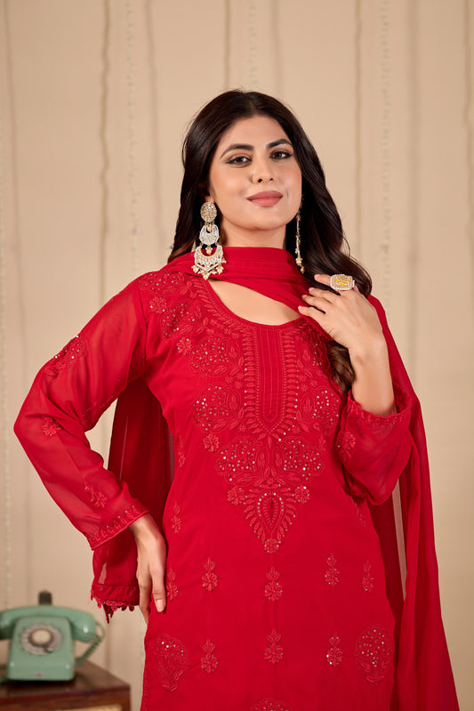 Red Blooming Georgette Embroidered Kurta Palazzo Dupatta Set