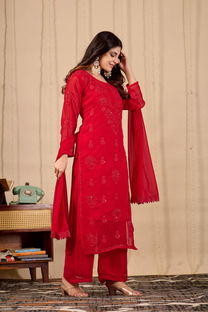 Red Blooming Georgette Embroidered Kurta Palazzo Dupatta Set