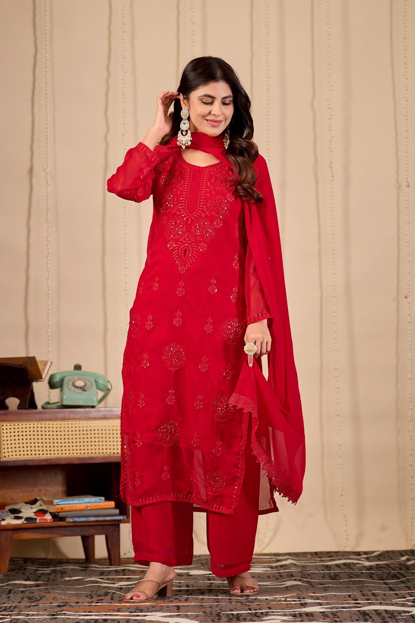 Red Blooming Georgette Embroidered Kurta Palazzo Dupatta Set