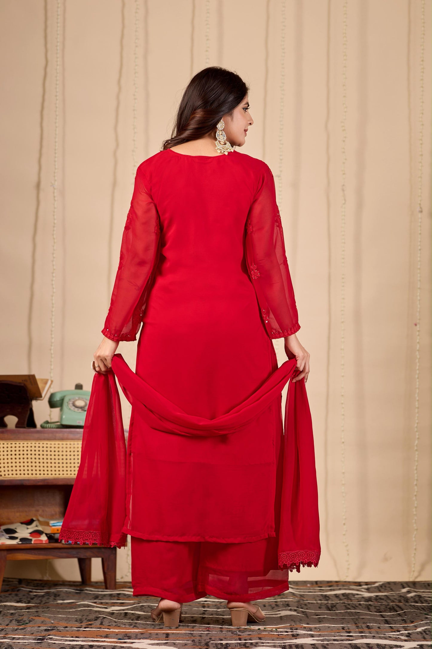 Red Blooming Georgette Embroidered Kurta Palazzo Dupatta Set