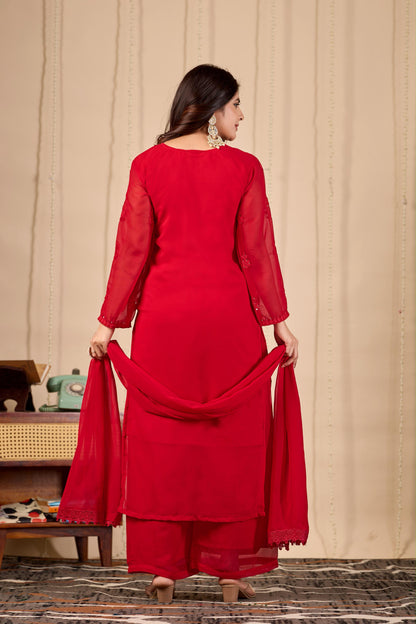 Red Blooming Georgette Embroidered Kurta Palazzo Dupatta Set