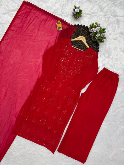 Red Blooming Georgette Embroidered Kurta Palazzo Dupatta Set