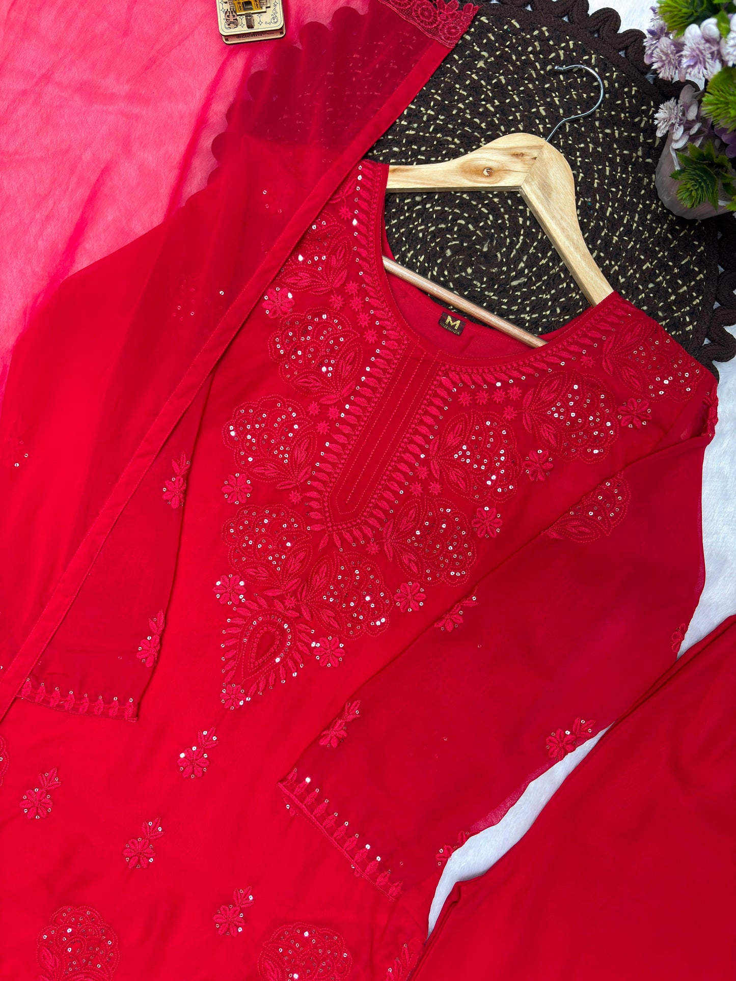 Red Blooming Georgette Embroidered Kurta Palazzo Dupatta Set