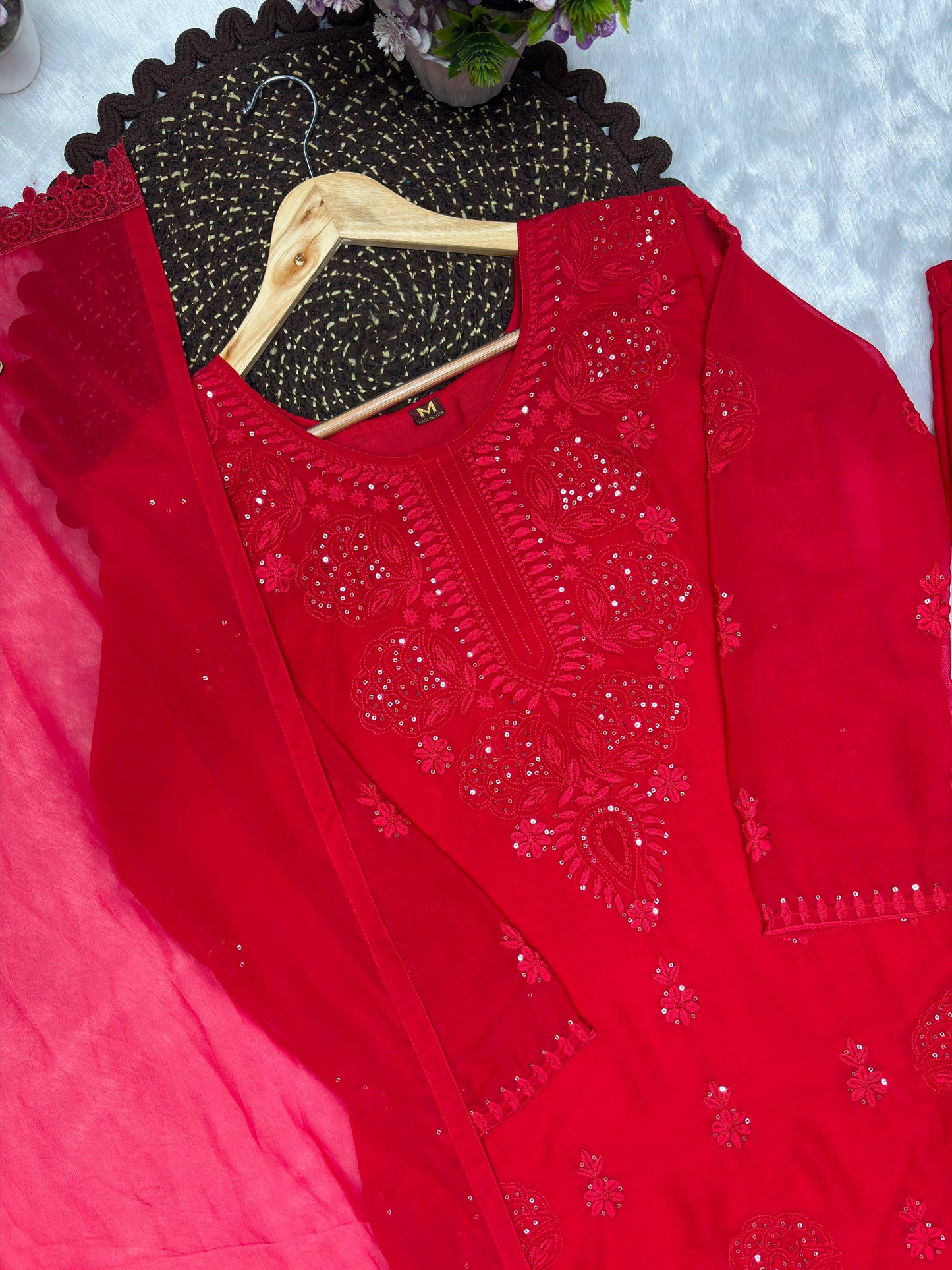 Red Blooming Georgette Embroidered Kurta Palazzo Dupatta Set