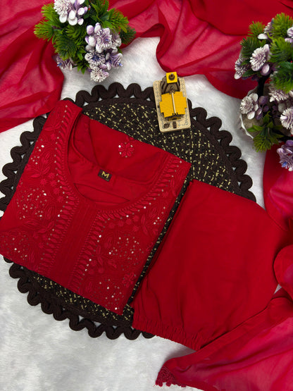 Red Blooming Georgette Embroidered Kurta Palazzo Dupatta Set