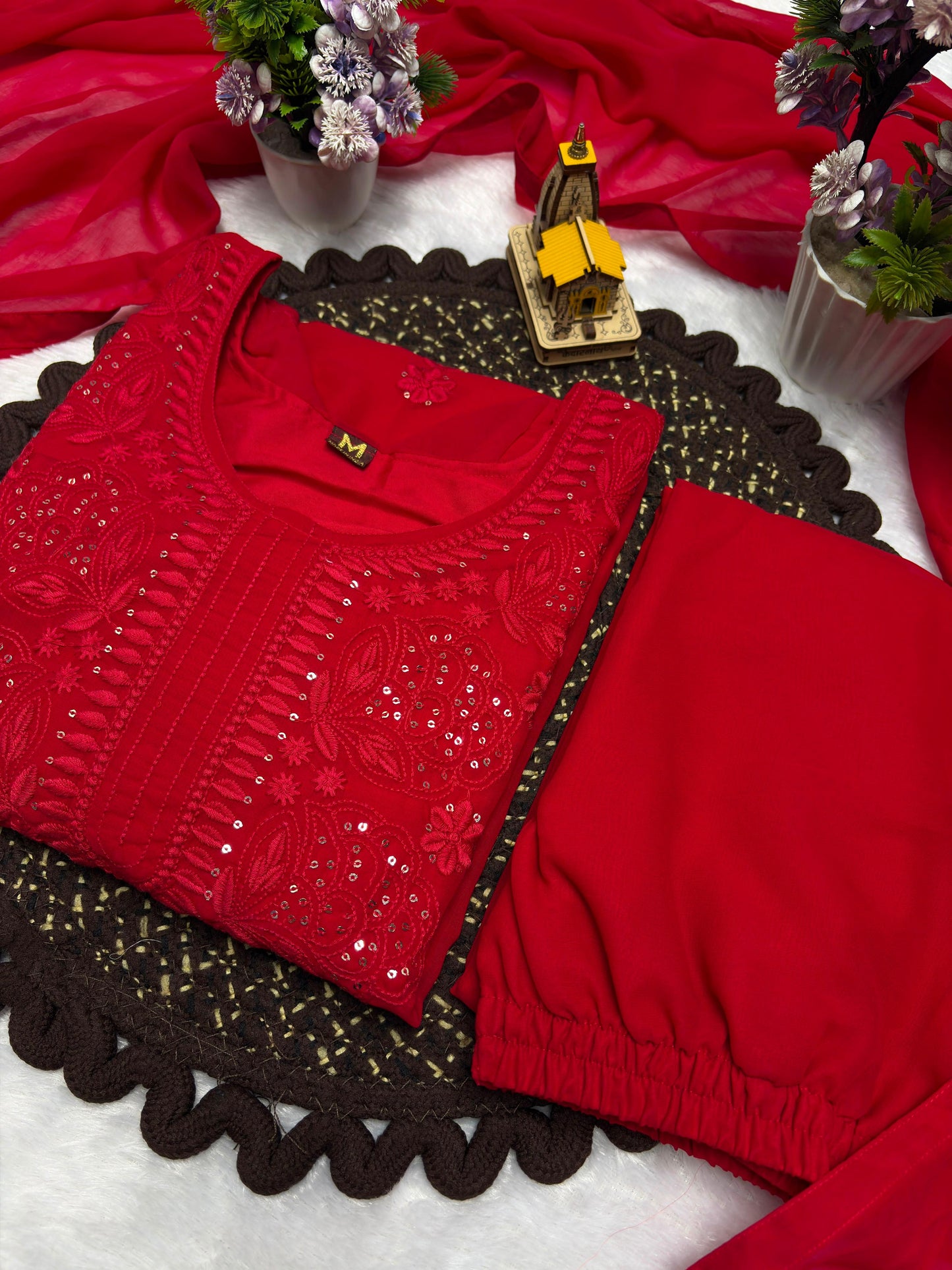 Red Blooming Georgette Embroidered Kurta Palazzo Dupatta Set
