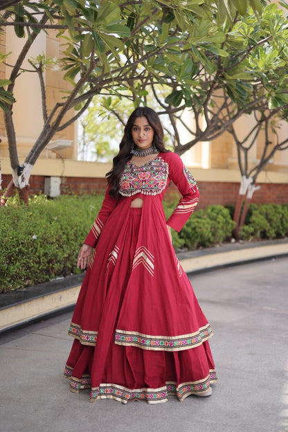Red Kora Cotton Navratri Lehenga Choli with Gamthi & Real Mirror Work