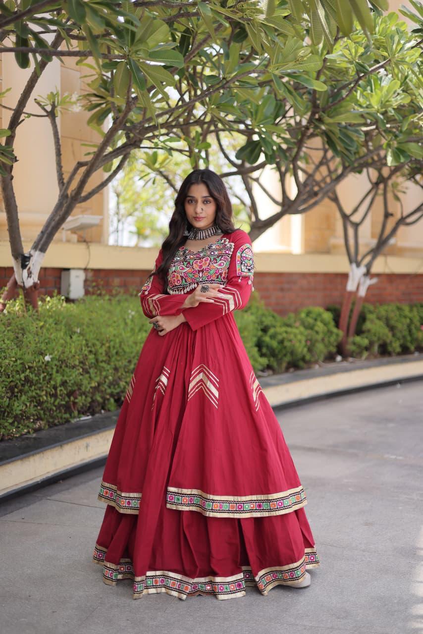 Red Kora Cotton Navratri Lehenga Choli with Gamthi & Real Mirror Work